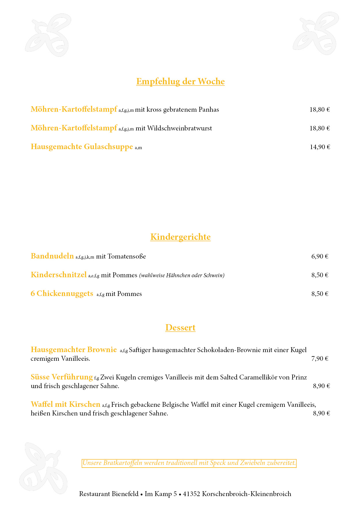 Speisekarte Restaurant Bienefeld ab 16.09.20263
